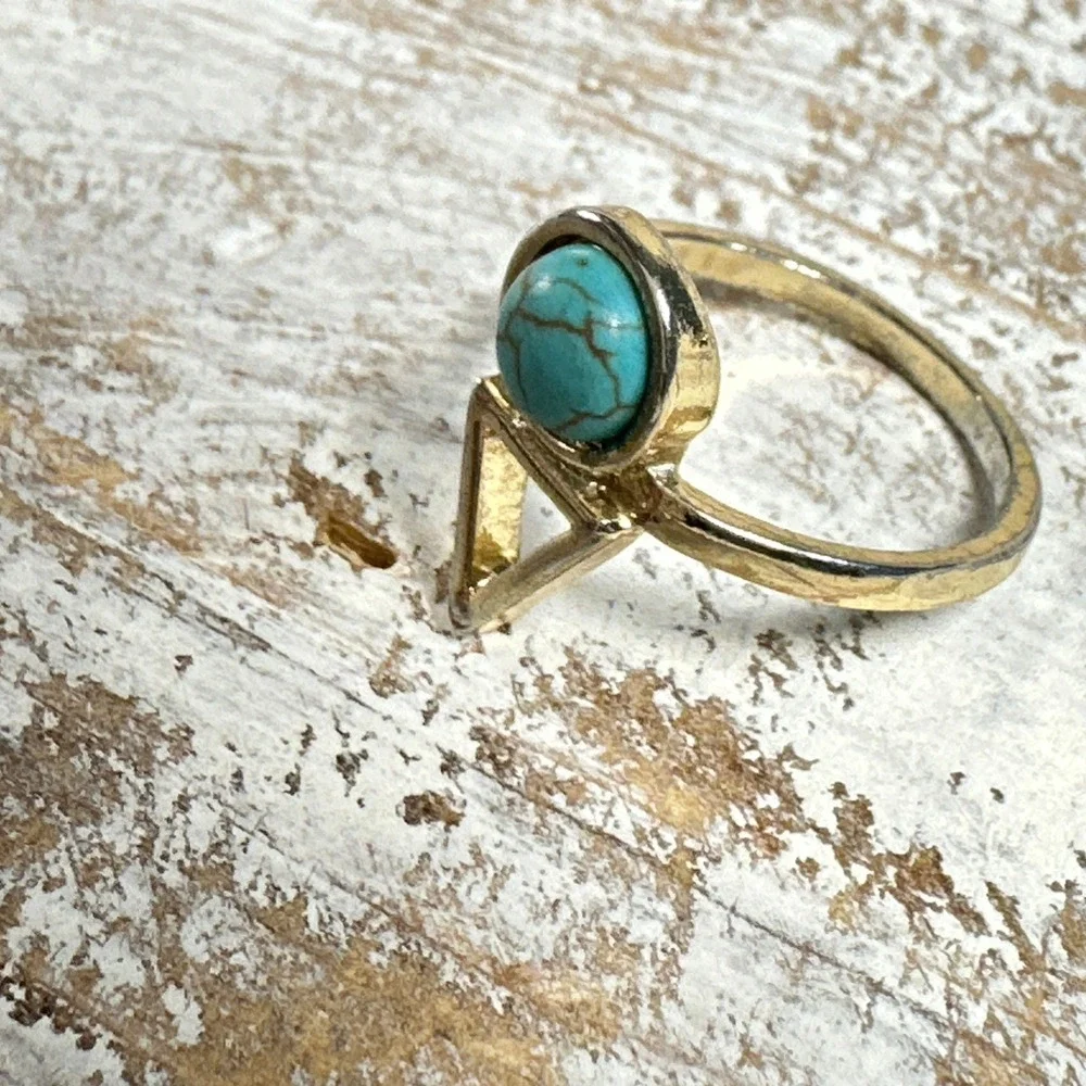 Gold Tone Geometric Faux Turquoise Triangle Ring Size 7.5 Boho Southwestern